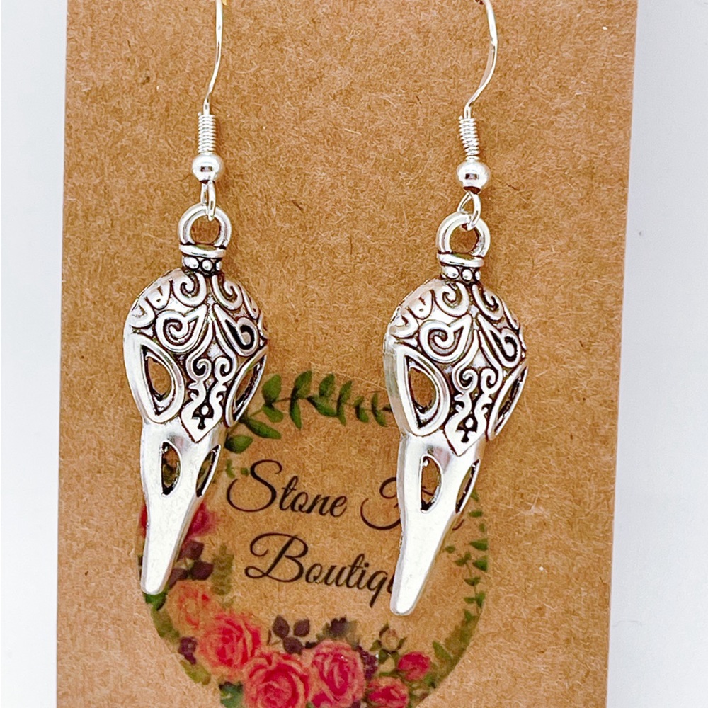 .925 Sterling Silver Hook Wire Earrings with Vulture Skull Novelty Charms.